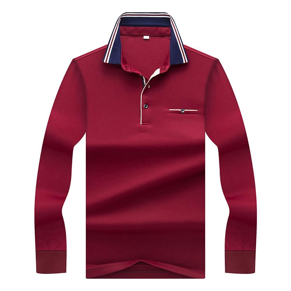 Men's Autumn Business Casual Long Sleeve Lapel Polo Shirt Anti-Pilling Size M - Burgundy