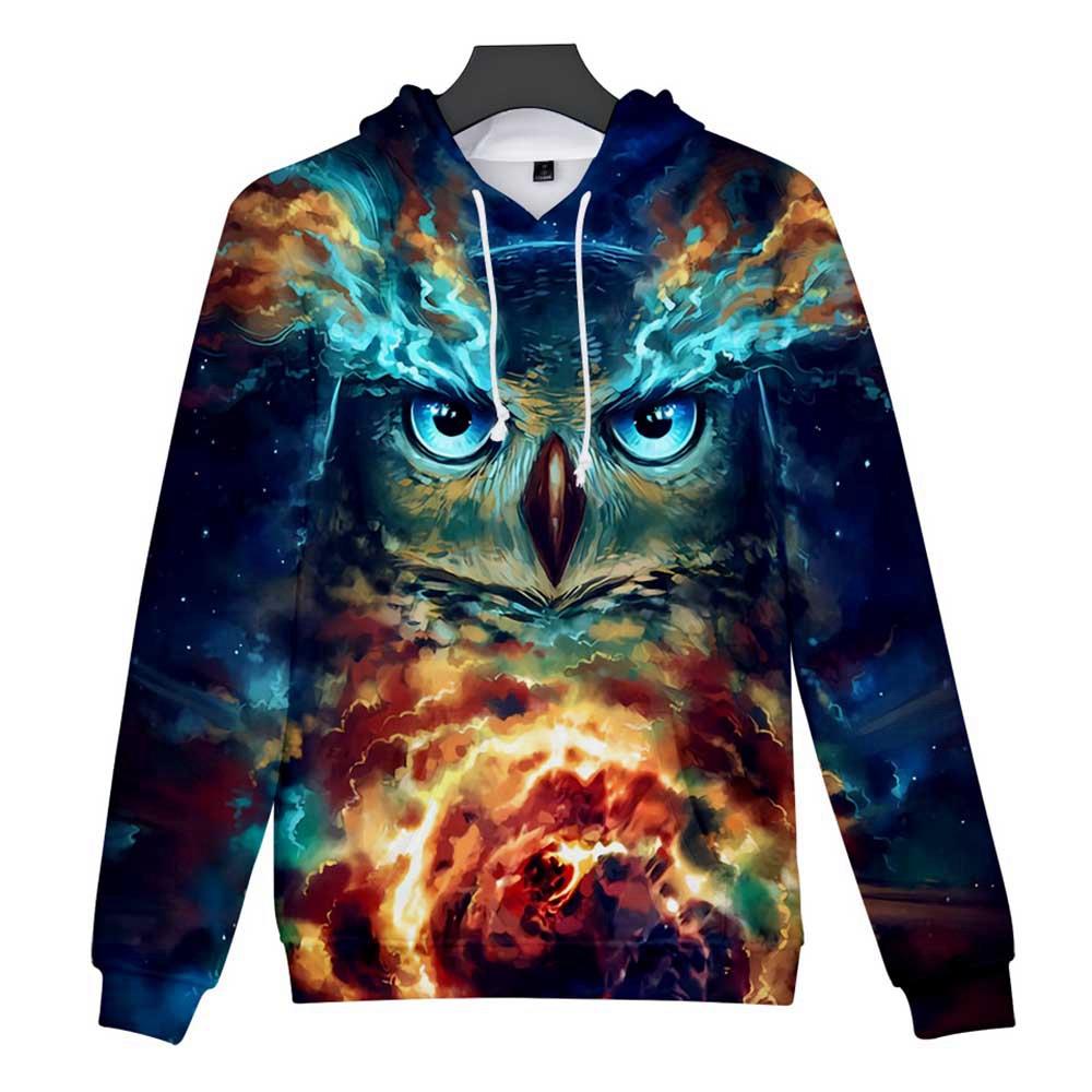 3D Digital Printed Starry Sky Owl Pattern Men Long Sleeve Pullover Hoodie Sweatshirt Size S - Multi-color