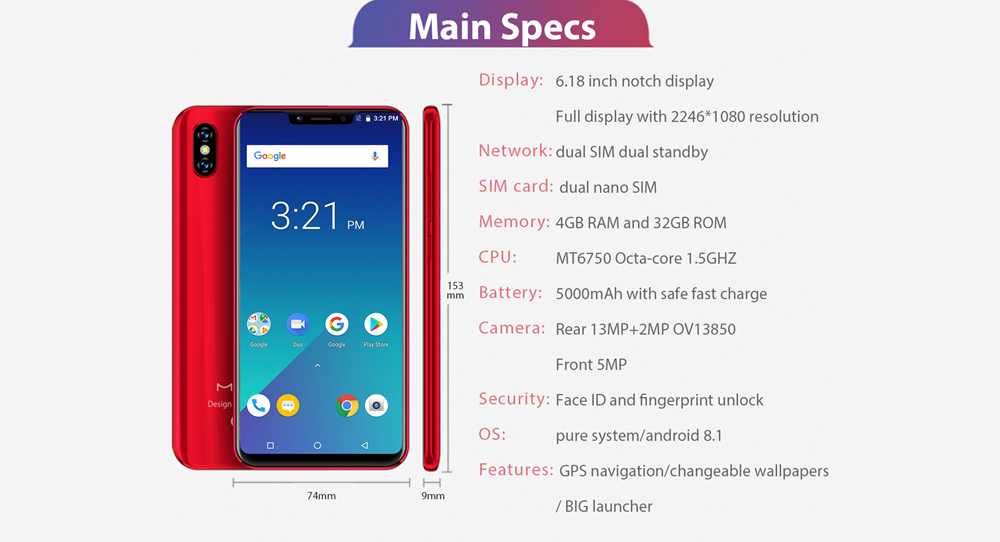 Meiigoo S9 6.18 Inch 4G LTE Smartphone MTK6750T 4GB 32GB 13.0MP + 2.0MP Dual Rear Cameras Android 8.1 Face ID Type-C Fast Charge - Twilight