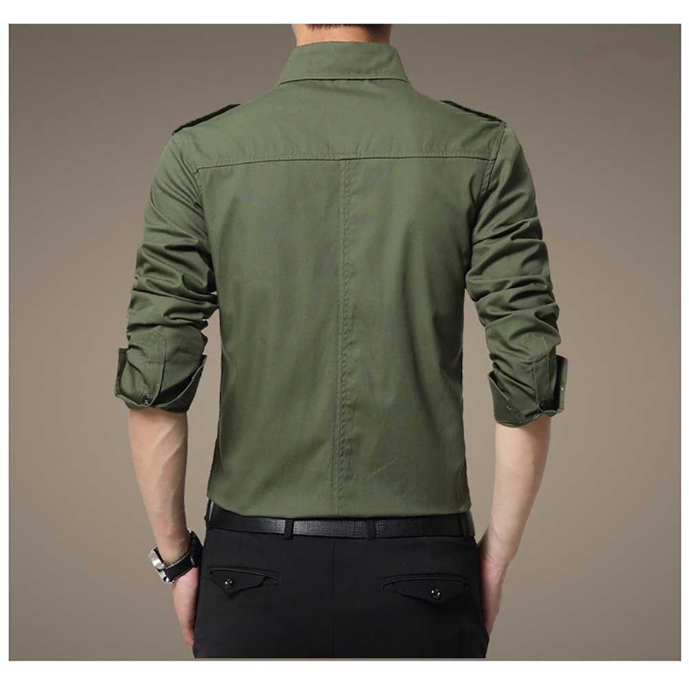 Men's Autumn Business Casual Lapel Shirt Long Sleeve Slim Fit 100% Cotton Size M - Green