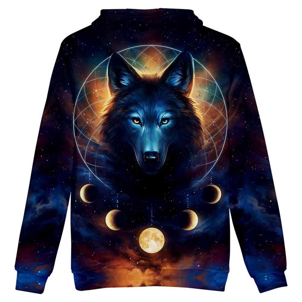 3D Digital Printed Moon Wolf Pattern Men Long Sleeve Pullover Hoodie Sweatshirt Size S - Multi-color