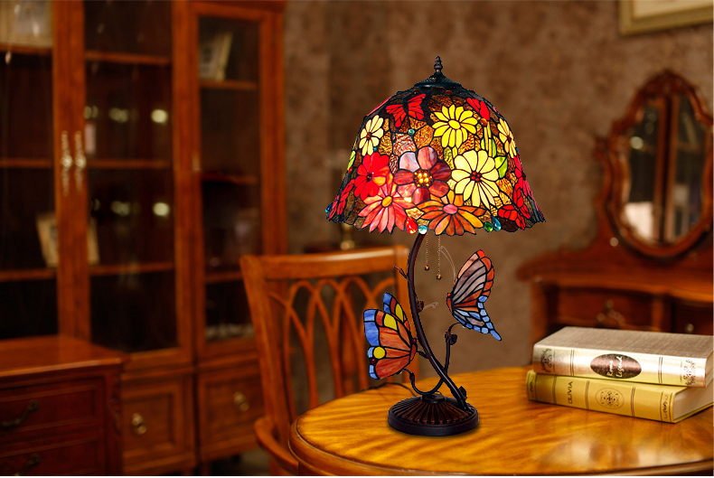 FUMAT 8" Tiffany Style Stained Glass Table Lamp - Romantic Flower Design