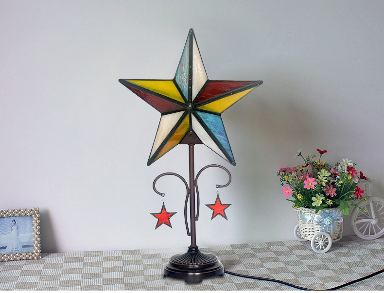 FUMAT Tiffany Style Stained Glass Handcrafted Table Lamp - Creative Five-pointed Star Design