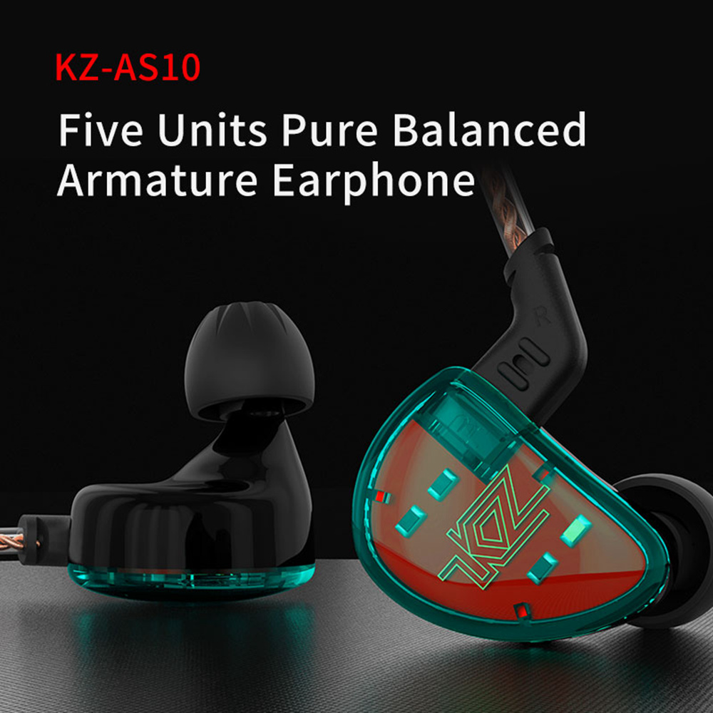 KZ AS10 5BA HiFi Stereo Earphone In-ear Earbuds with 0.75mm 2 Pin Cable - Black WITH MIC