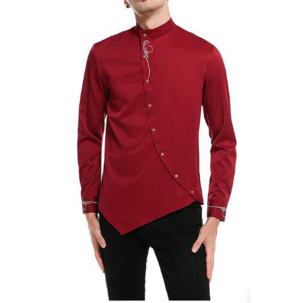 Men's Fashion Casual Long Sleeve Shirt Slim Fit Special Buttons Cotton Size S - Burgundy