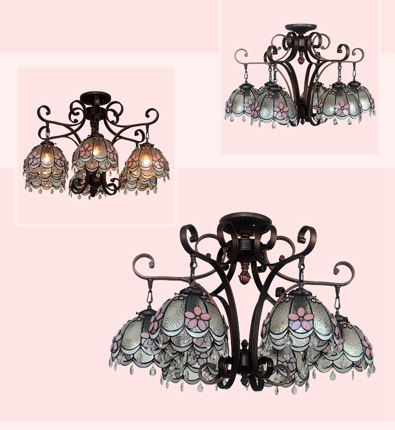 FUMAT Tiffany Style Stained Glass Handcrafted Chandelier - Wrought Iron Pink Floral Design with 6 Lights