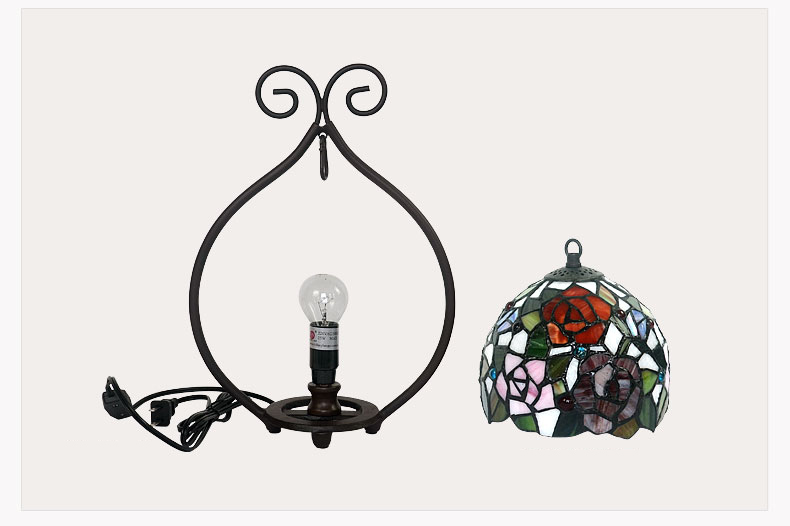FUMAT 9 Inches Tiffany Style Stained Glass Handcrafted Round Mini Table Lamp - Romantic Rose Design