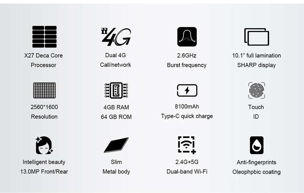 Teclast T20 4G Phablet Helio X27 MT6797T Deca Core 10.1" IPS Screen 2560*1600 Android 7.0 4GB RAM 64GB ROM Touch ID Built-in GPS GLONASS Beidou - White Silver