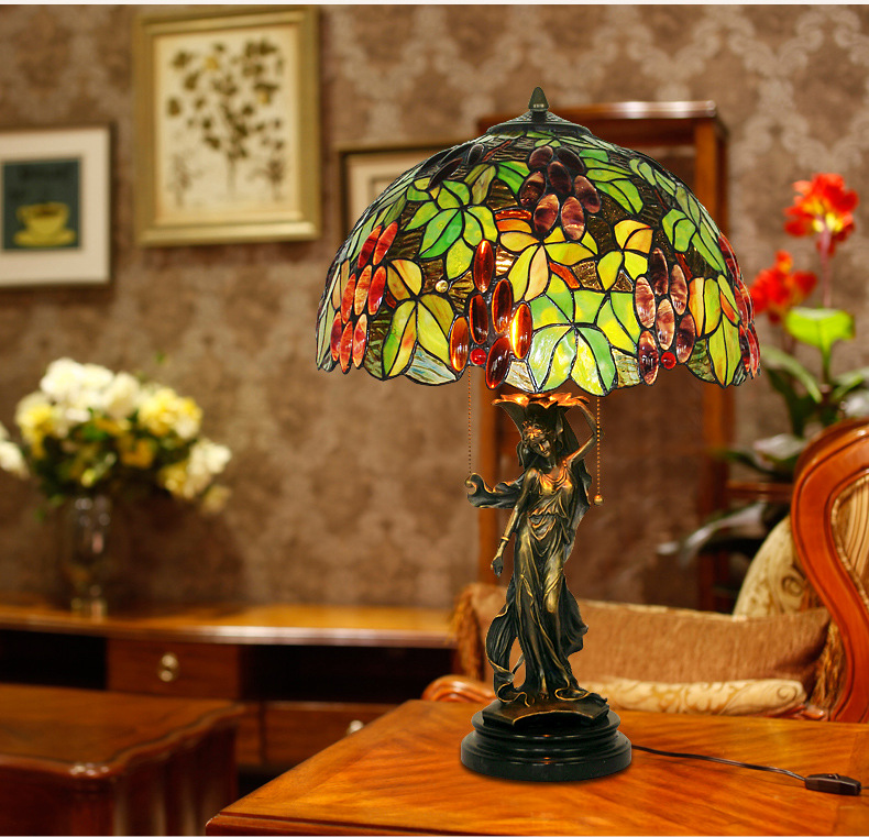 FUMAT Tiffany Style Stained Glass Handcrafted Table Lamp - Copper Antique Saintess Two-tone Rose Design