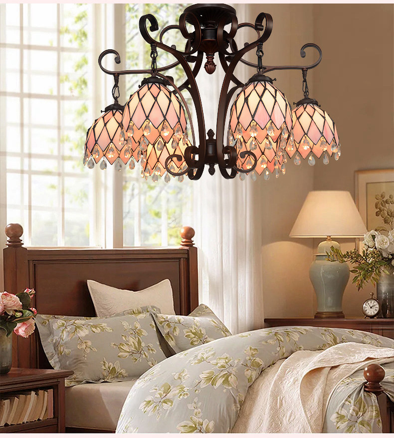 FUMAT Tiffany Style Stained Glass Handcrafted Chandelier - Wrought Iron Pink Floral Design with 6 Lights