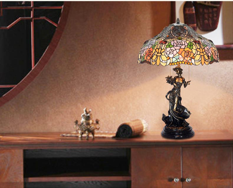 FUMAT Tiffany Style Stained Glass Handcrafted Table Lamp - Copper Antique Saintess Floral Two-tone Rose Design