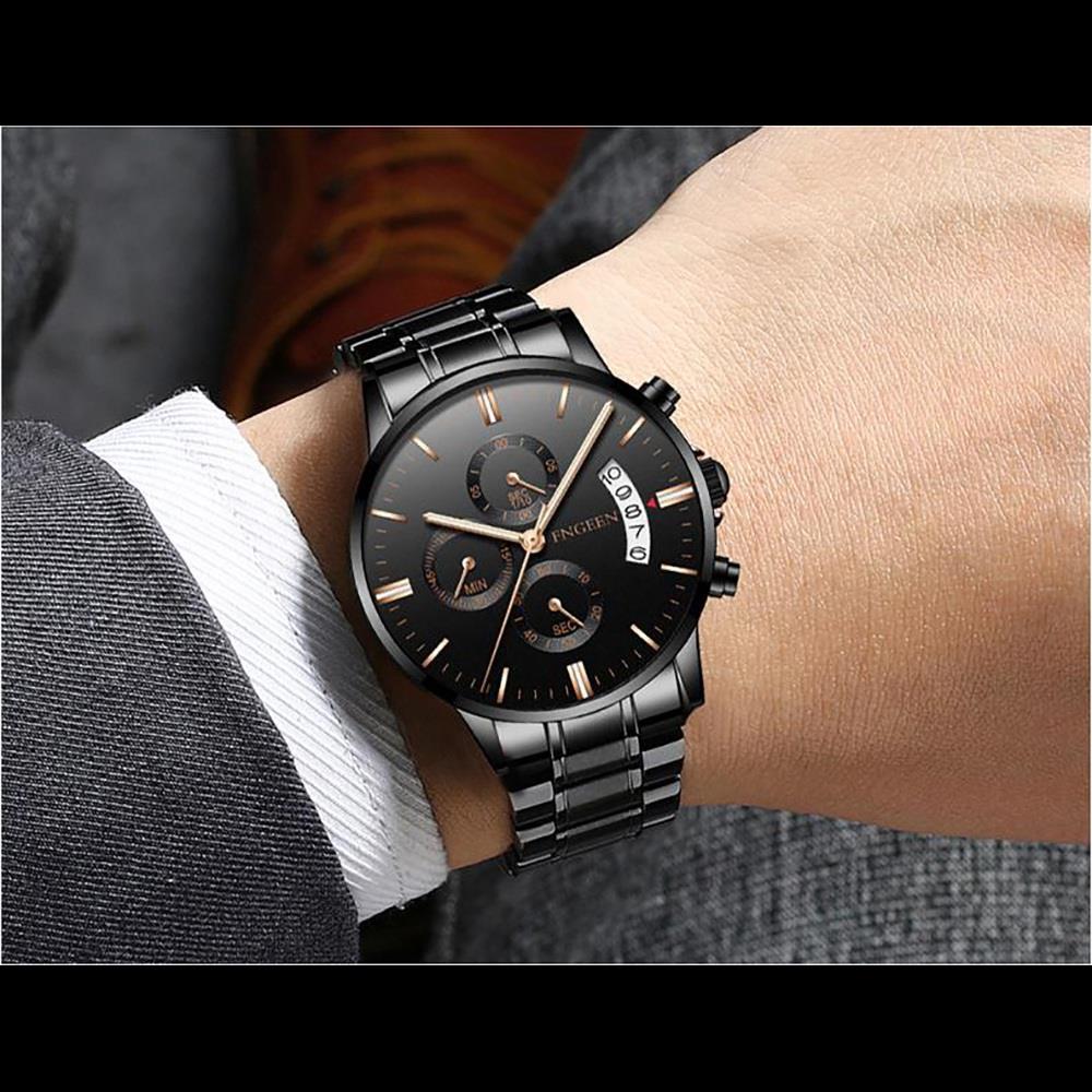 FNGEEN 5055 Men's Stainless Steel Watch Analog Calendar Quartz Movement - Black + Rose Gold
