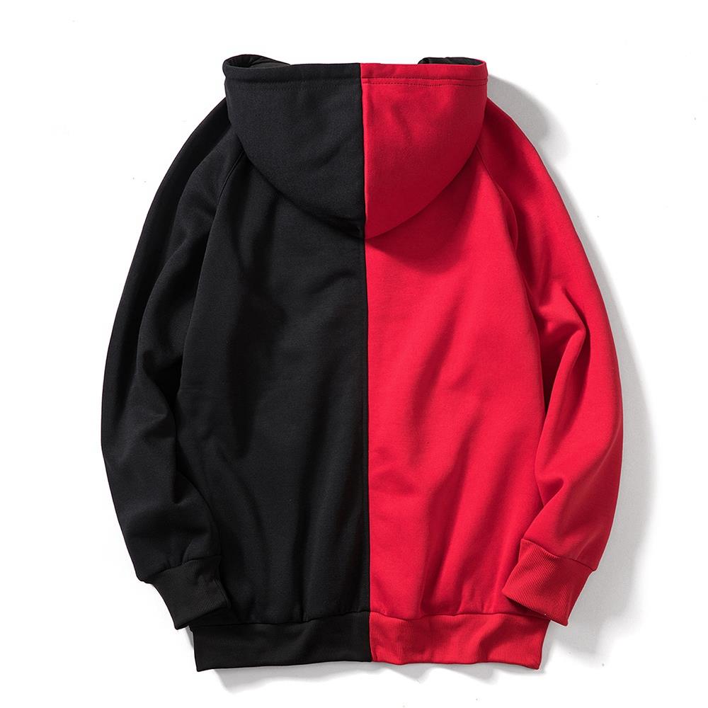 WY36 Men's Casual Color Block Zipper Design Cotton Hoodie Size XL - Red and Black