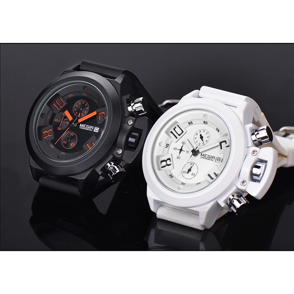 MEGIR 2002 Men's Business Quartz Watch Analog Display Three Working Sub-dials Silicone Band - White