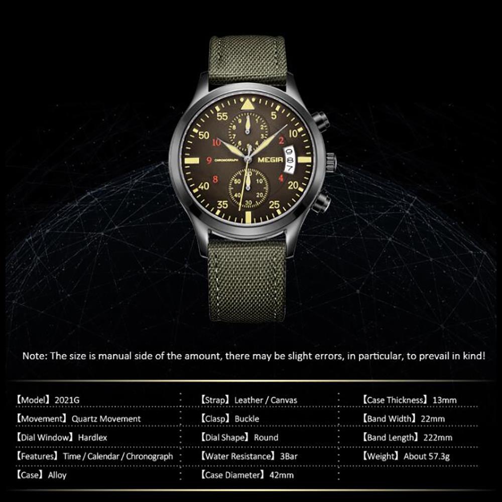 MEGIR ML2021 Men's Casual Watch Chronograph Calendar Large Dial Quartz Movement Canvas Fabric Strap - Green
