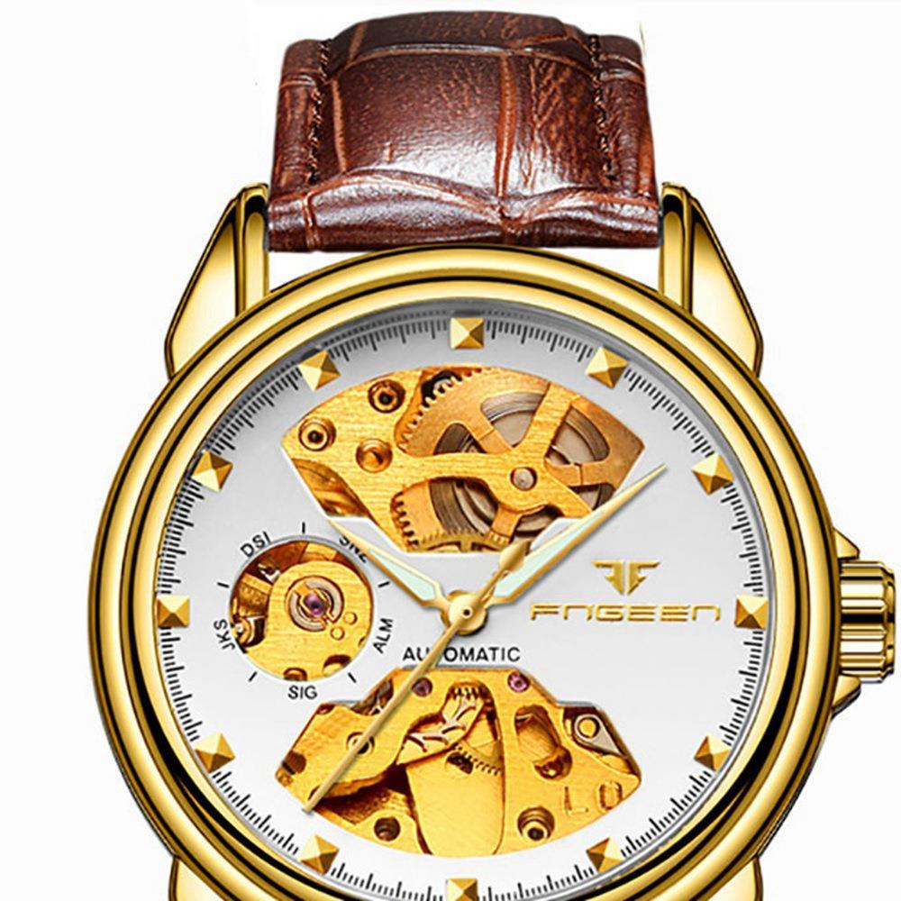 Men's Business Hollow Engraving Mechanical Watch Analog Automatic Movement PU Leather Strap - White