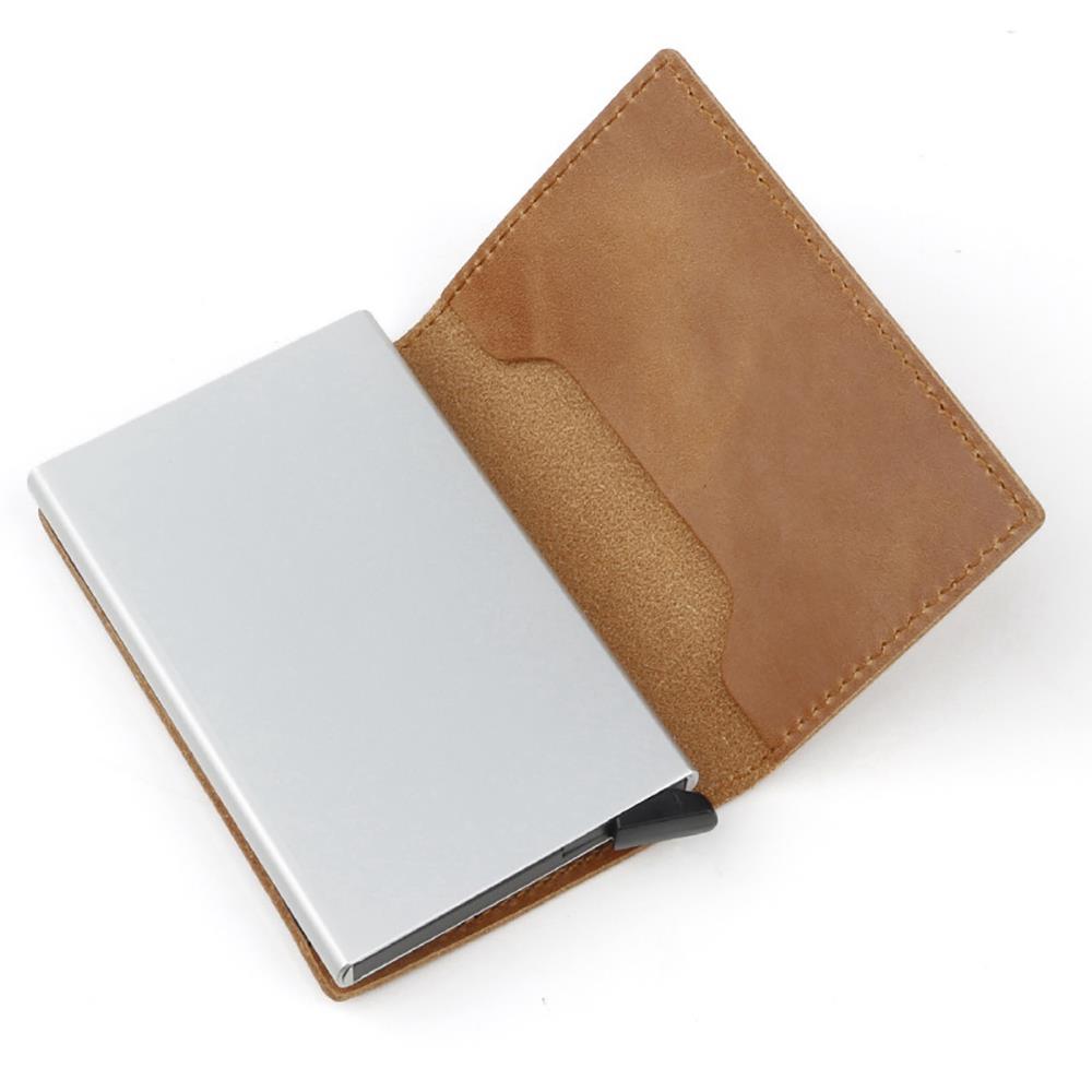 Men's Genuine Leather Push Card Wallet - Coffee
