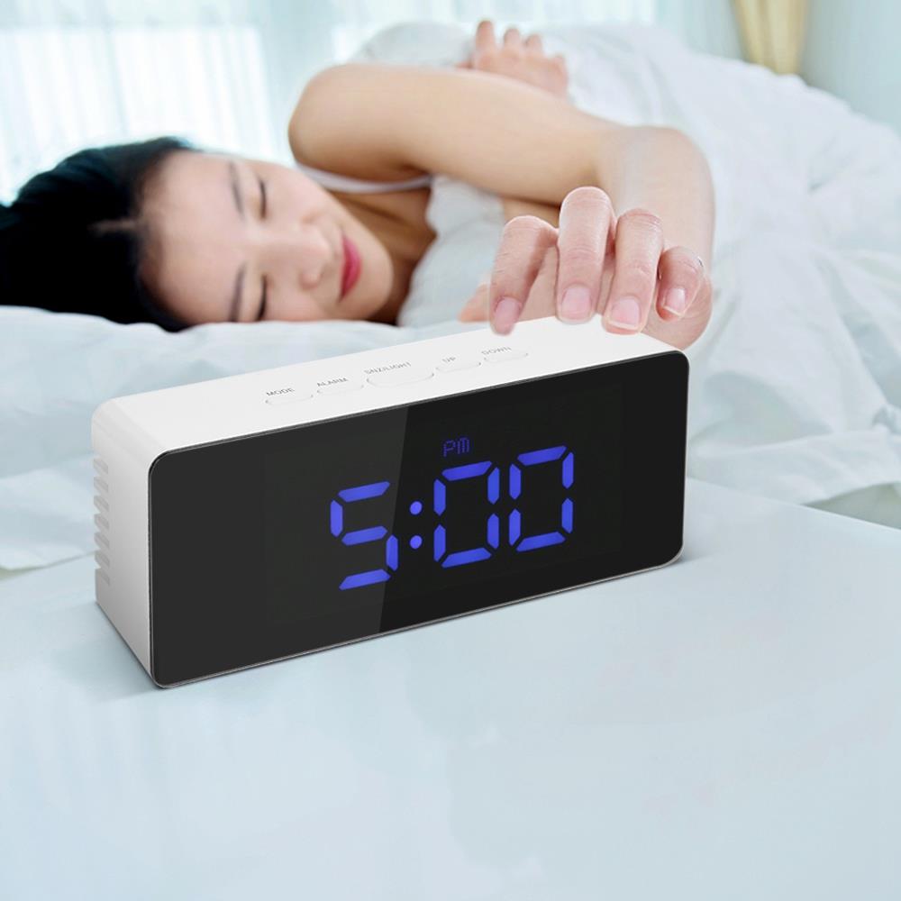 Rectangular LED Mirror Clock Alarm Clock With Snooze Function Indoor Thermometer - Blue