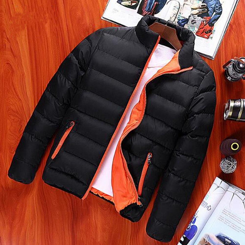Men's Autumn And Winter Basic Casual Thick Cotton Down Jacket (Stand Collar Warm Coat Size L) - Black + Orange