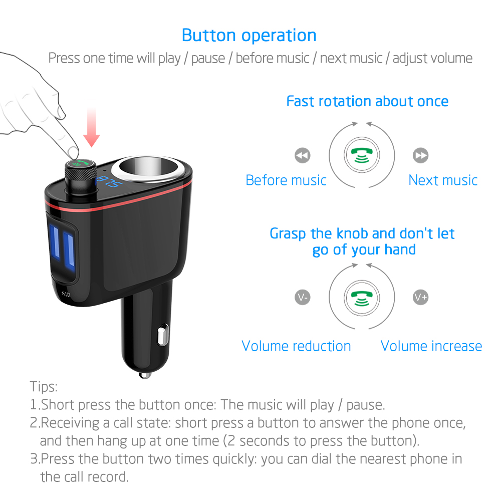 S-06 Car Charger Dual USB 3.0 Ports Bluetooth MP3 Music Player FM Transmitter Cigarette Lighter - Black