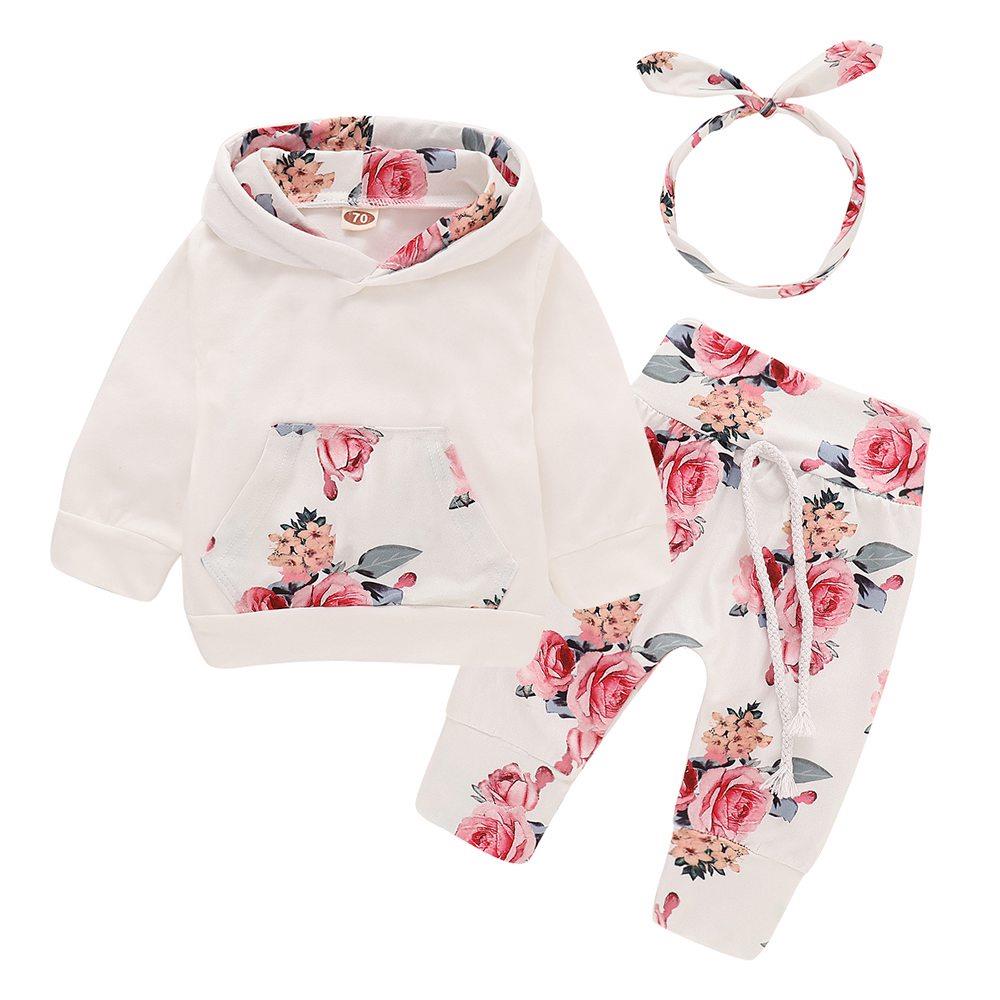 HZ6002 Kids Girls Pocket Printed Lycra Cotton Long-sleeve Hoodie + Trousers Two-piece Set Size 70 - White