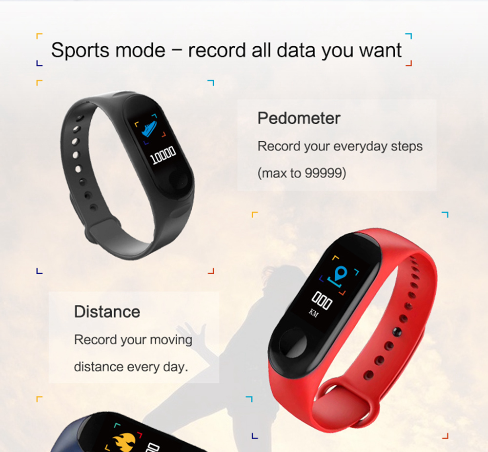 M3 Smart Bracelet 0.96 Inch TFT Screen Heart Rate Blood Pressure Monitor IP67 Waterproof Pulse Wristband Fitness Tracker - Blue