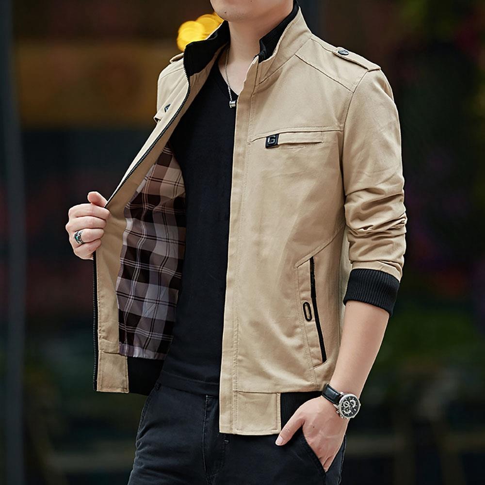 CA9801 Men's Autumn Winter Classic Casual Jacket (Lapel Grid Long Sleeve Polyester Jacket Size M) - Khaki