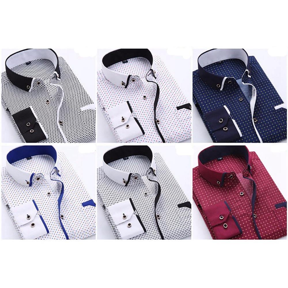 Men's Autumn Business Wave Point Printed Stand Collar Shirt (Slim Fit Cotton Size M) - White