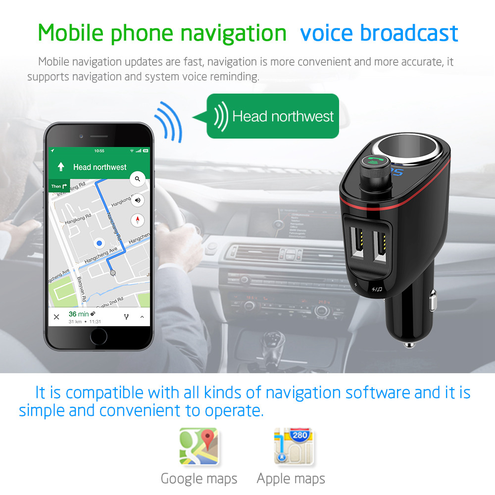 S-06 Car Charger Dual USB 3.0 Ports Bluetooth MP3 Music Player FM Transmitter Cigarette Lighter - Black