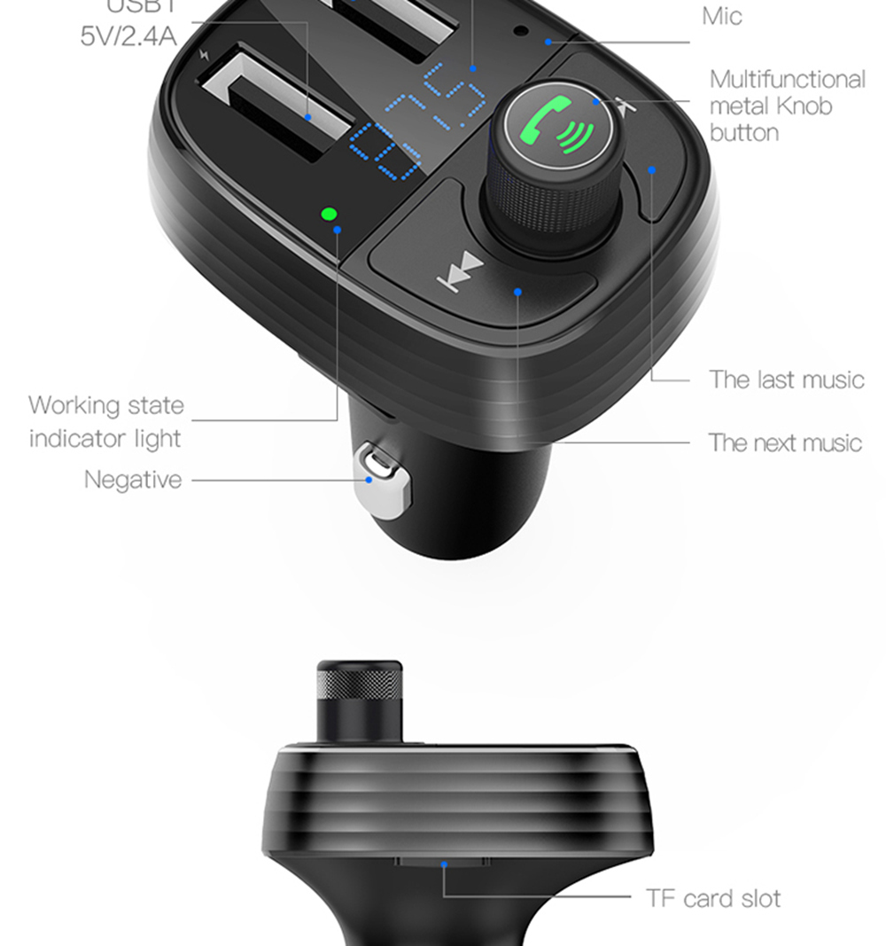 S-10 Car Charger Dual USB Ports FM Transmitter Radio Bluetooth MP3 Player Blue LED Display - Black