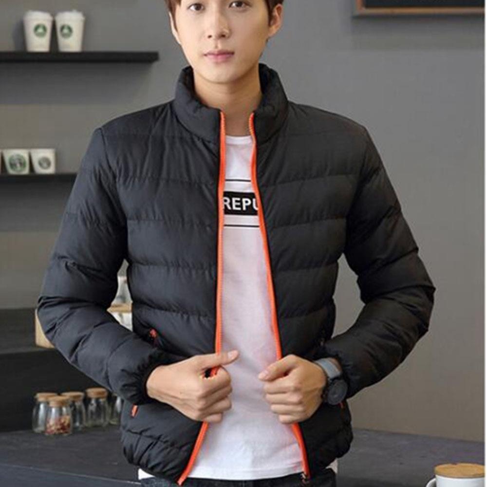 Men's Autumn And Winter Basic Casual Thick Cotton Down Jacket (Stand Collar Warm Coat Size L) - Black + Orange