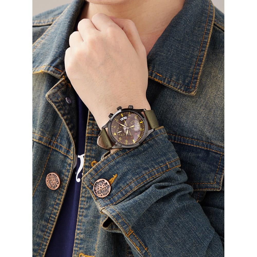 MEGIR ML2021 Men's Casual Watch Chronograph Calendar Large Dial Quartz Movement Canvas Fabric Strap - Green