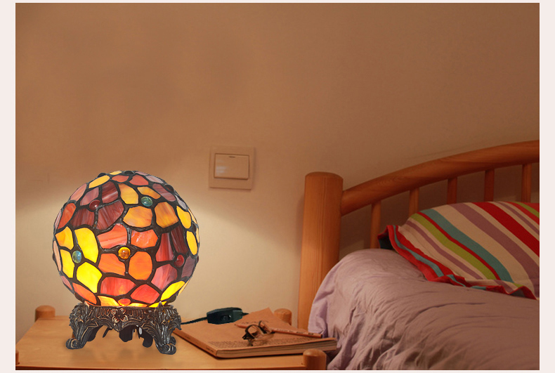 FUMAT Tiffany Style Stained Glass Handcrafted Table Lamp - Creative Copper Base Red Spherical Design