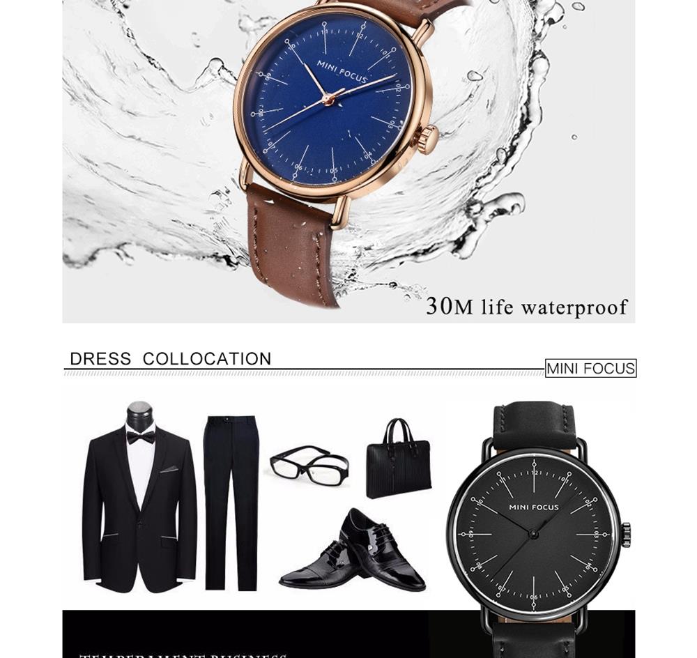 MINI FOCUS MF0056G Men's Casual Business Quartz Sports Watch PU Leather Strap Wristwatch - Blue + Brown