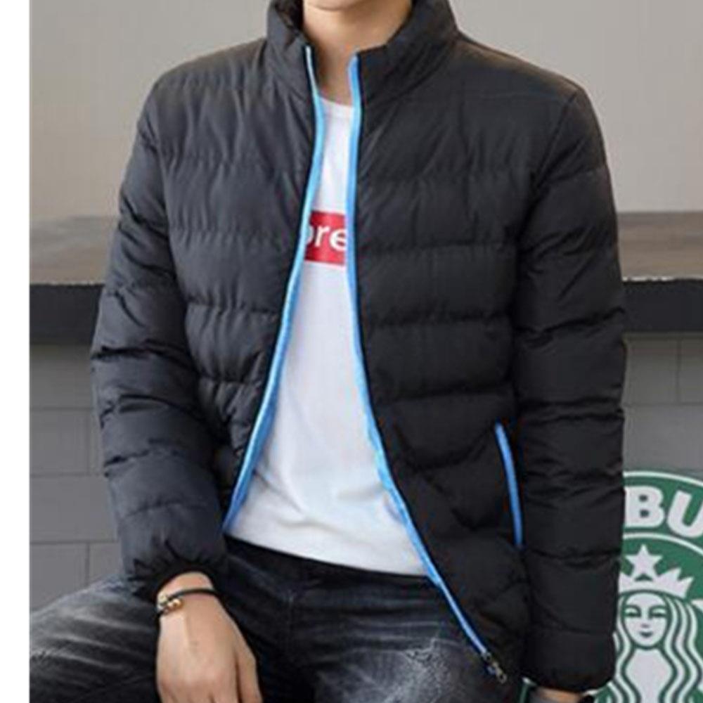 Men's Autumn And Winter Basic Casual Thick Cotton Down Jacket (Stand Collar Warm Coat Size L) - Black + Blue