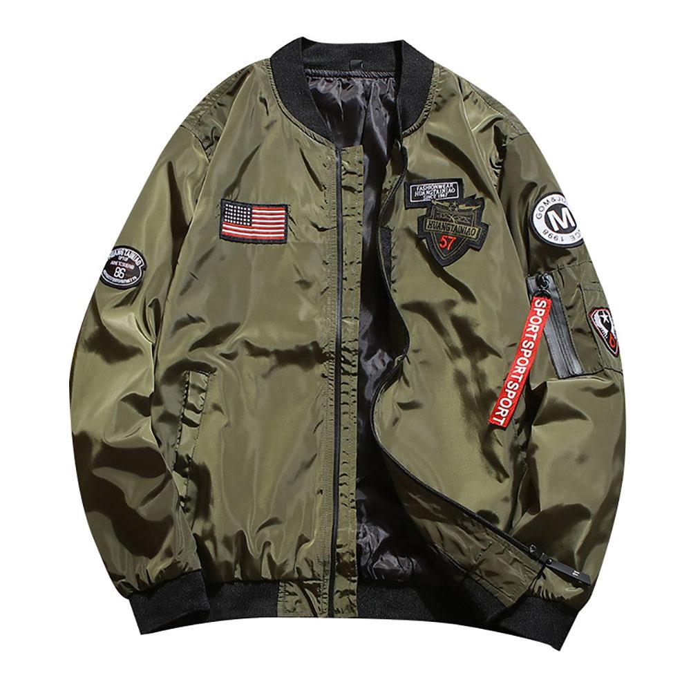 C9901 Men's Autumn Casual Embroidered Round Neck Bomber Pilot Jacket (Long Sleeve Coat Size M) - Army Green