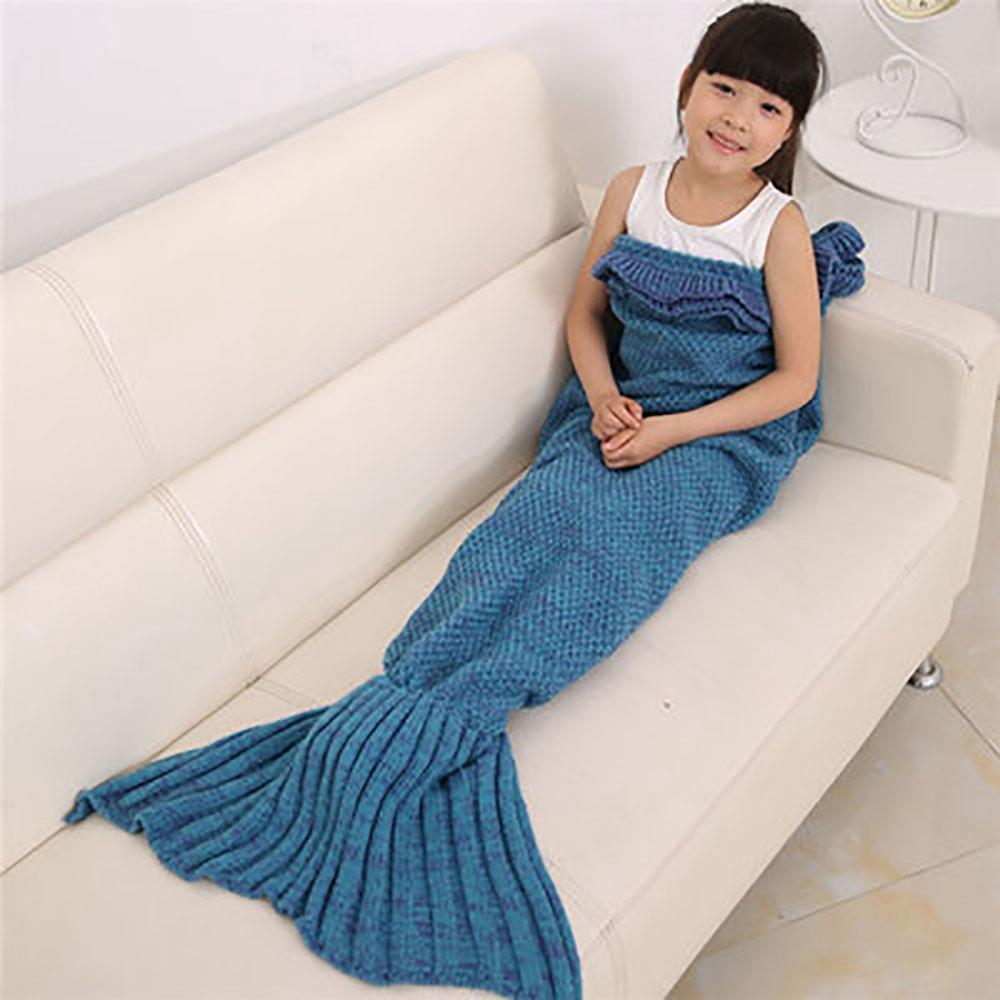 Children Mermaid Tail Blanket Fish Scales Knitting Soft Comfortable Blankets - Lake Blue (Size 70*140cm)