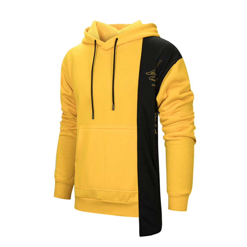 WY30 Men's Autumn Casual Irregular Loose Hoodie (Color Block Cotton Sweatshirt Size L) - Yellow