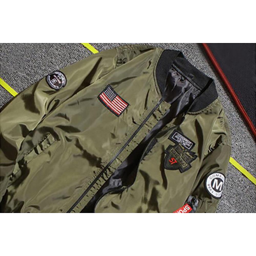 C9901 Men's Autumn Casual Embroidered Round Neck Bomber Pilot Jacket (Long Sleeve Coat Size M) - Army Green