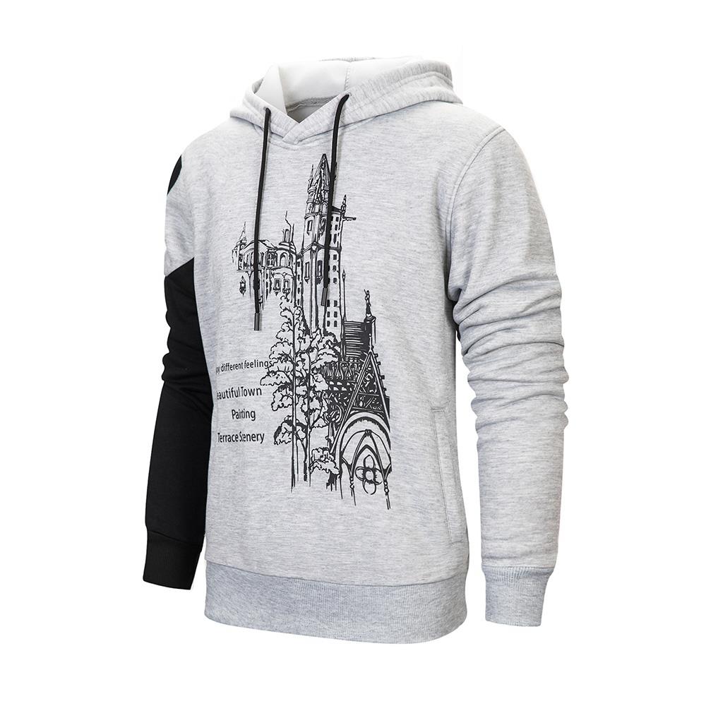WY37 Men's Autumn Winter Casual Irregular Hoodie (Color Block Letter Pattern Cotton Sweatshirt Size M) - Gray