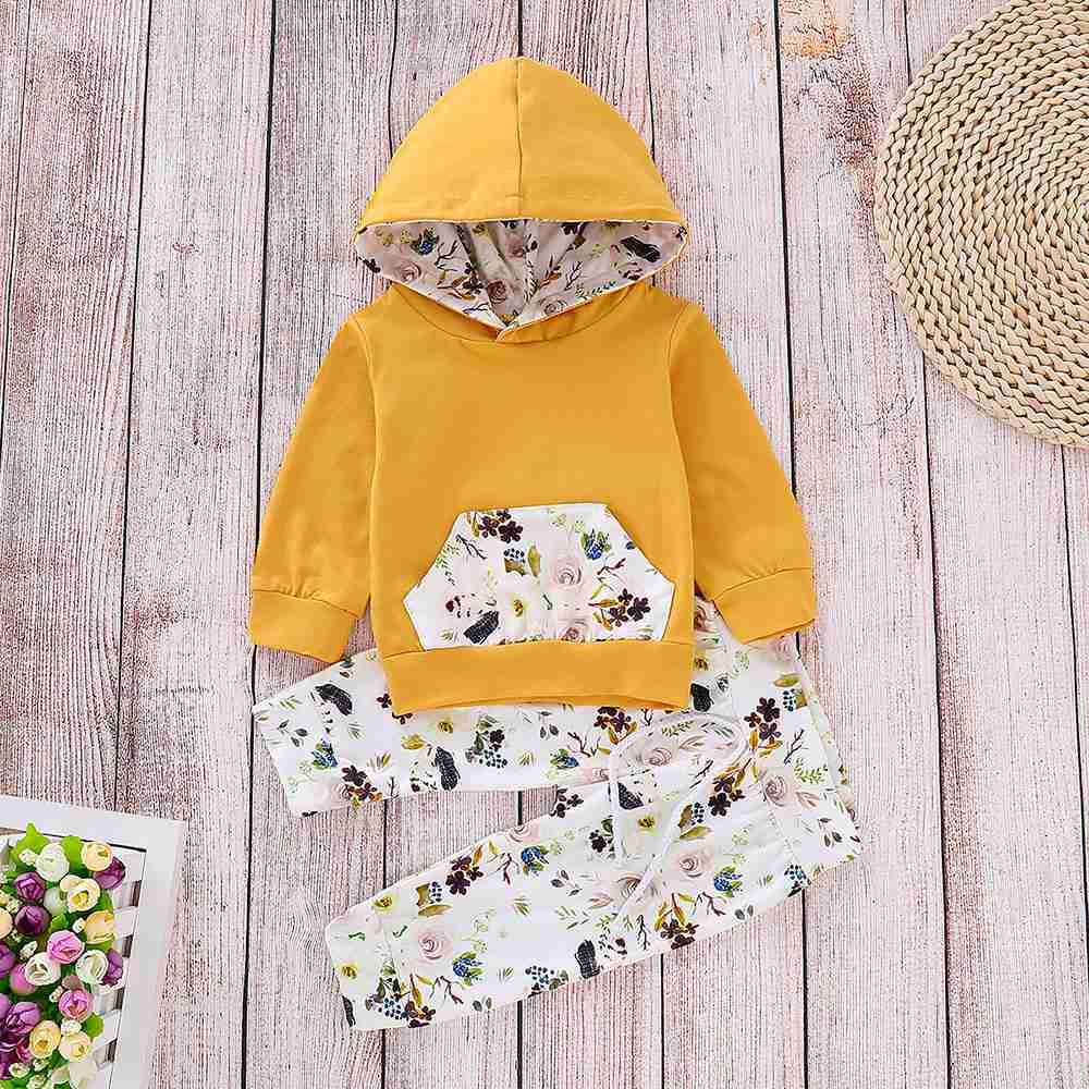 HZ6003 Kids Girls Pocket Printed Two-piece Set (Long-sleeve Hoodie + Floral Trousers Size 70) - Yellow