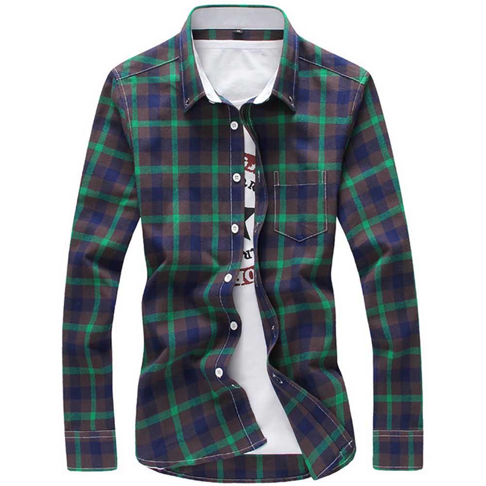 Men's Plaid Shirt Button-down Long Sleeve (Size M) - Green
