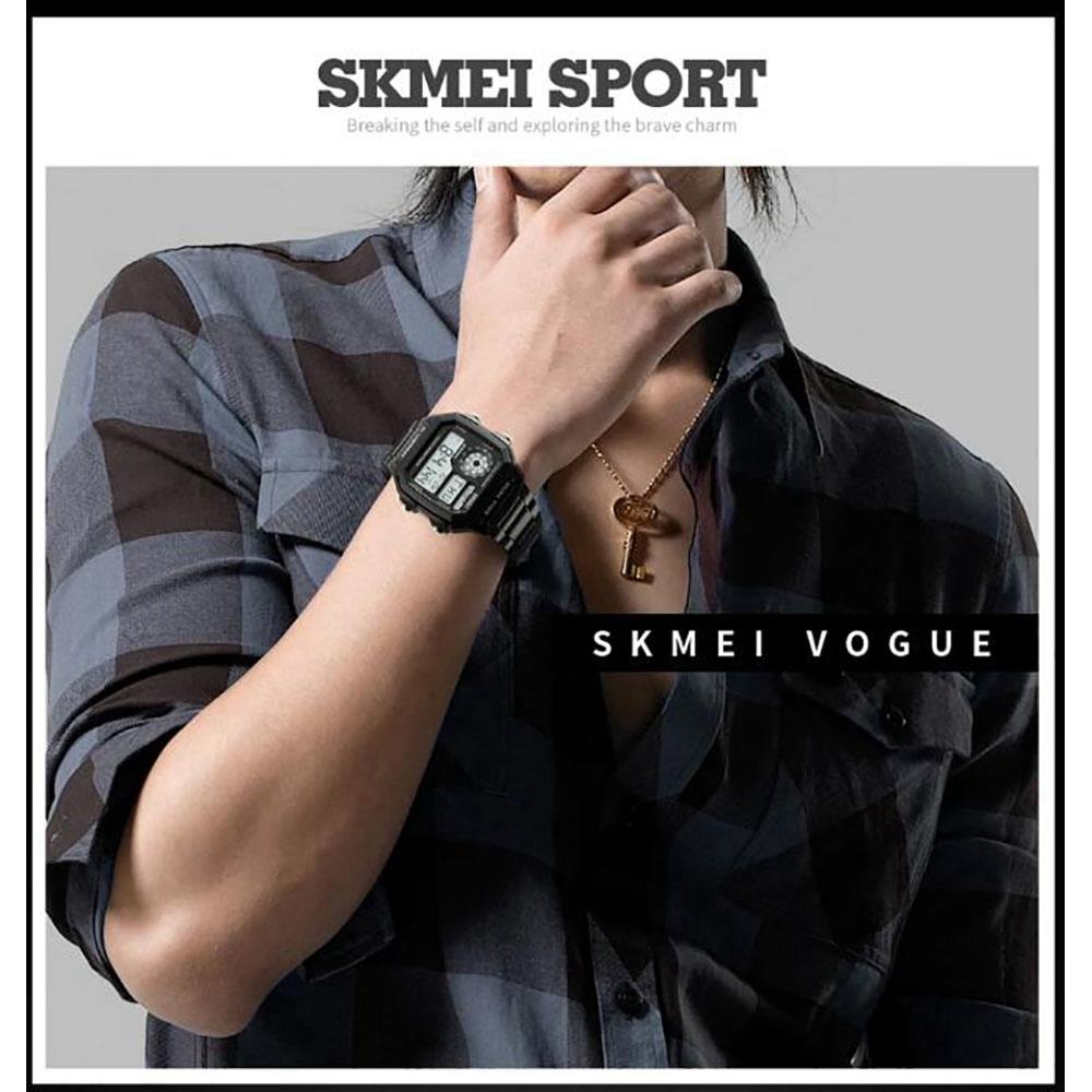 SKMEI 1335 Men's Digital Sports Watch Square Dial Stainless Steel Strap Waterproof Wristwatches - Golden