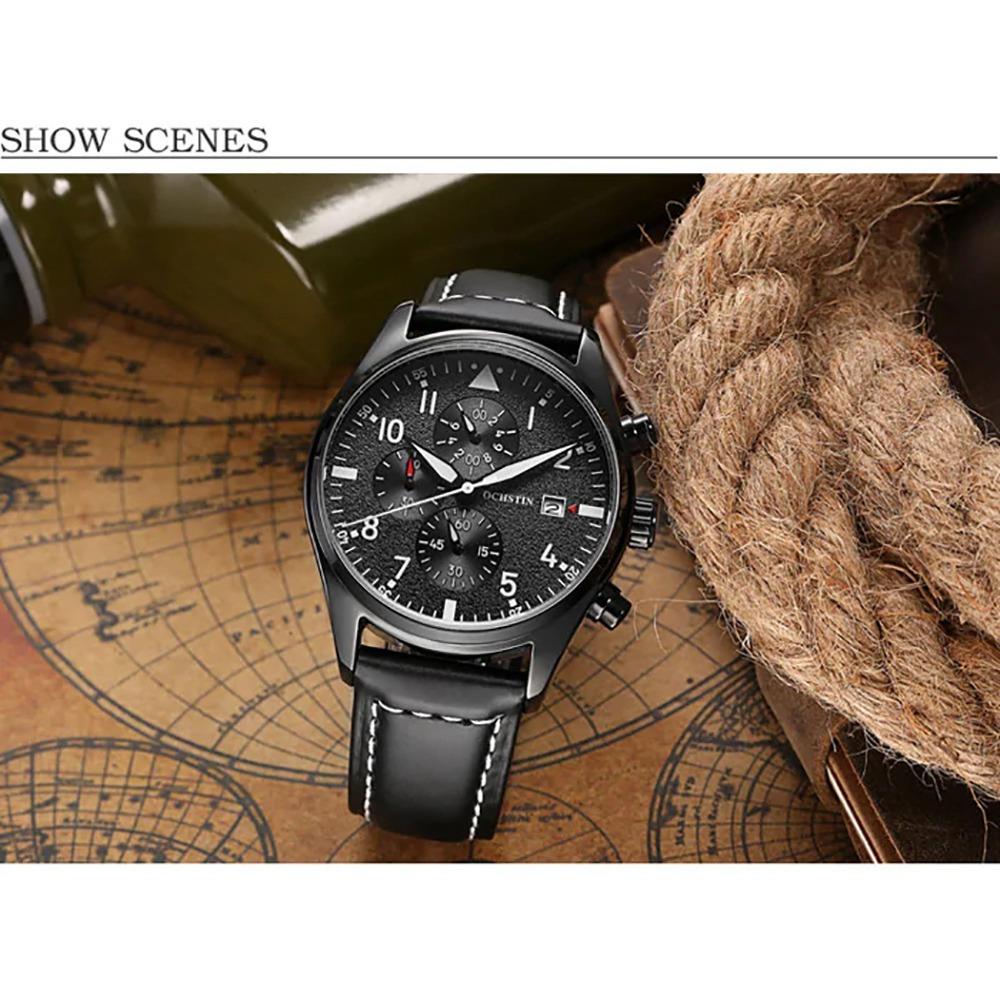 OCHSTIN GQ043B Men's Outdoor Quartz Watch Working Sub-dial Analog Display 3ATM Waterproof PU Strap - Black