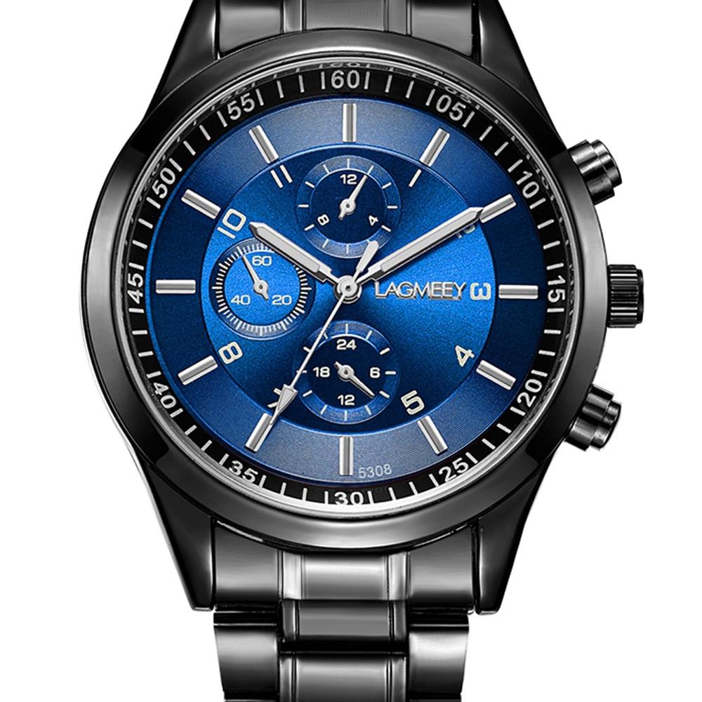 W5308 Men's Casual Business Analog Wrist Watch Quartz Movement Stainless Steel - Black Strap + Blue Dial