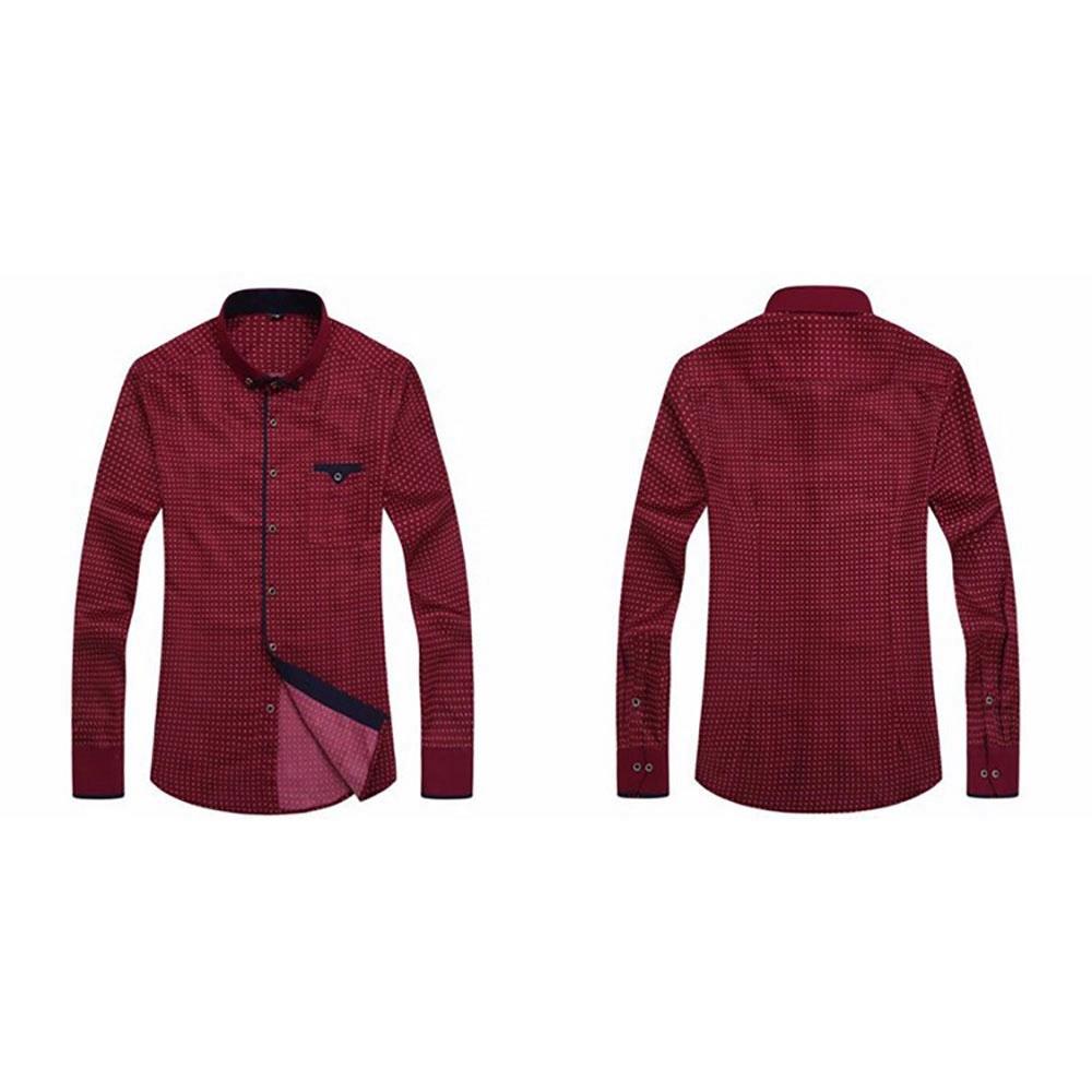 Men's Autumn Business Wave Point Printed Stand Collar Shirt (Slim Fit Cotton Size M) - Burgundy