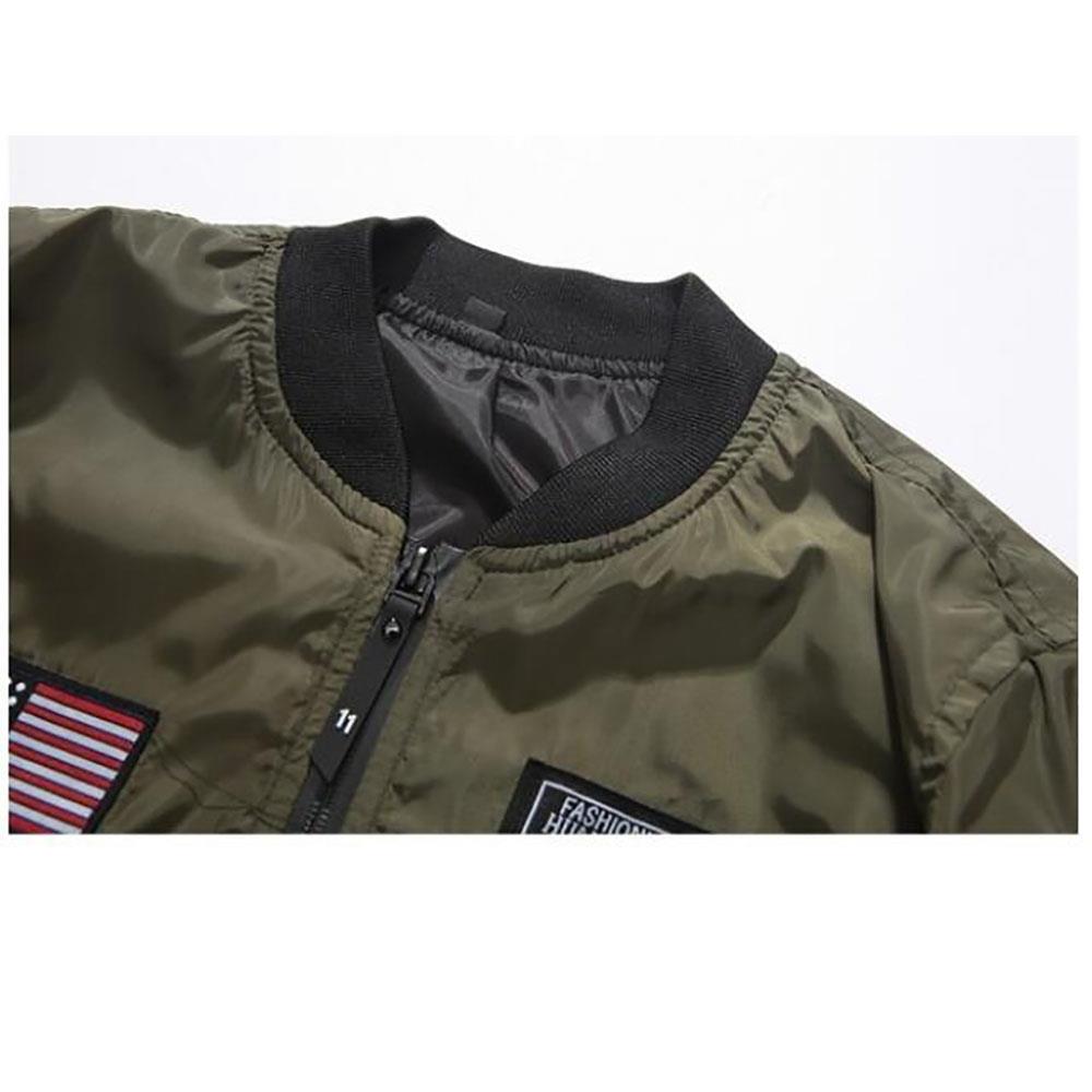 C9901 Men's Autumn Casual Embroidered Round Neck Bomber Pilot Jacket (Long Sleeve Coat Size M) - Army Green