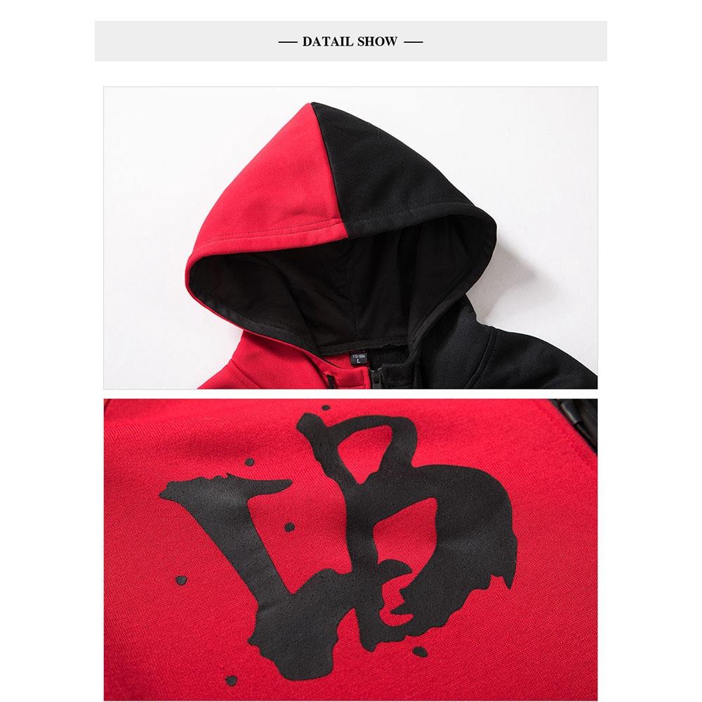 WY36 Men's Casual Color Block Zipper Design Cotton Hoodie Size 2XL - Red and Black