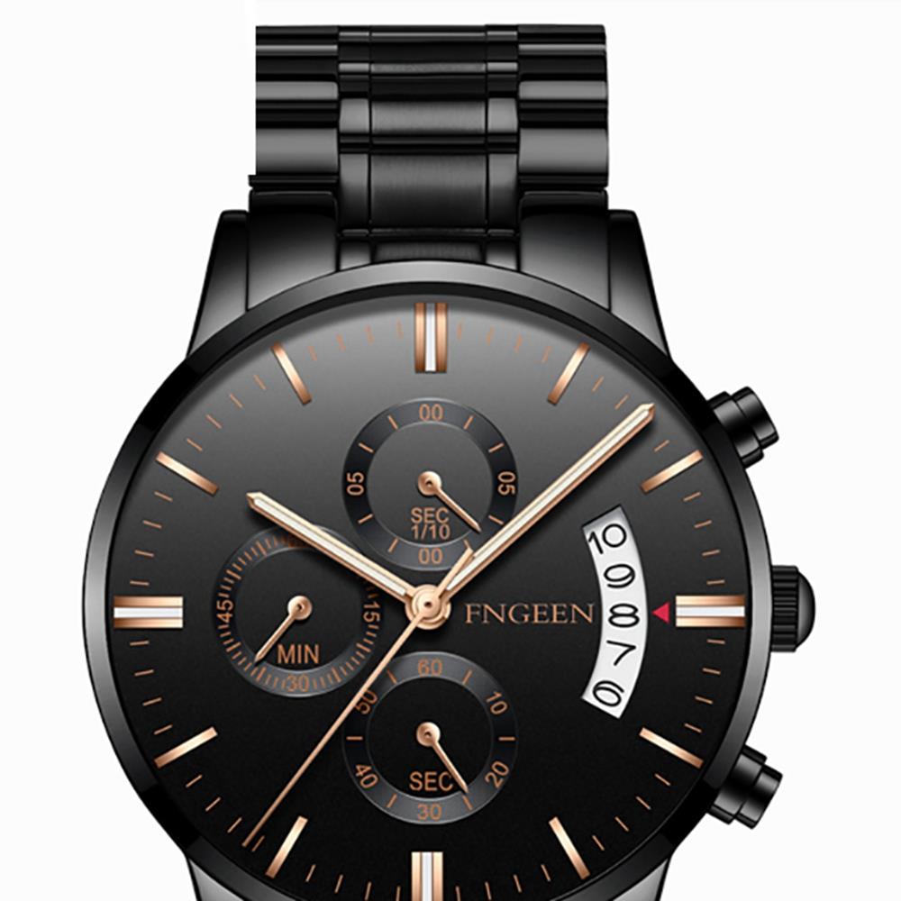 FNGEEN 5055 Men's Stainless Steel Watch Analog Calendar Quartz Movement - Black + Rose Gold