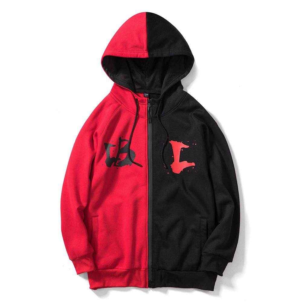 WY36 Men's Casual Color Block Zipper Design Cotton Hoodie Size S - Red and Black